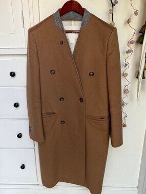 Maison Martin Margiela Camel Double-Breasted Pea Coat with Gray Trim